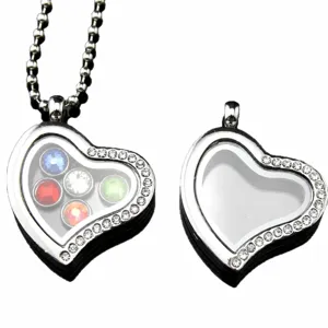 Collana con medaglione a cuore pendente in vetro galleggiante memoria con catena di strass