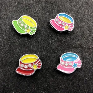 Detail view of colorful enamel hat charms with sparkling rhinestones, 8mm DIY accessories.