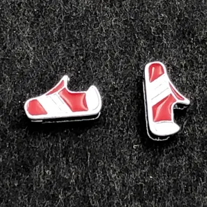 Red and white enamel sneaker charm, DIY shoe accessories for jewelry making craft.
