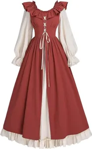 Medieval Renaissance long sleeve fairy dress with ruffled collar and lace-up bodice details.