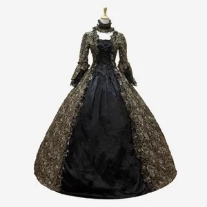 Women Vintage Palace Polyester Dress Floral Print Lace Ruffle High Neck Flare Sleeve Back Lace Up Gothic Lolita Maxi Dress For Party