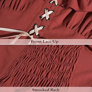 Renaissance dress detail shot showing front lace-up closure and smocked back elastic design.