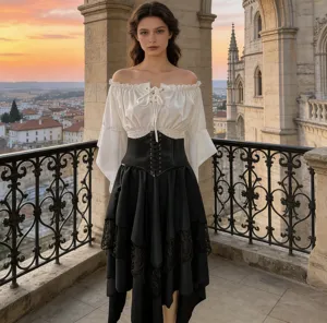 Renaissance vintage off-shoulder medieval gothic dress with corset and asymmetrical lace hem.