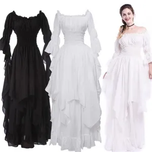 Detailed view of the vintage gothic medieval Renaissance long dress with trumpet sleeves.