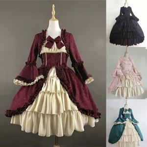 Women Gothic Vintage Medieval Court Dress Square Neck Patchwork Bowknot Ruffle Tiered Gown Long Flare Sleeve Banquet Costume Dress