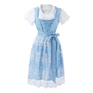 Bavarian German Oktoberfest Dirndl Dress Women Short Sleeve Blue Costume with Lace Apron