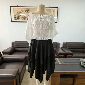 Medieval Renaissance style off-shoulder blouse and asymmetric layered lace skirt outfit set.
