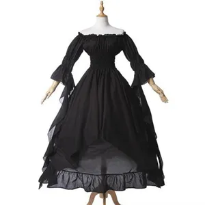 Detail view of the black vintage gothic dress with bell sleeves and off-shoulder design.