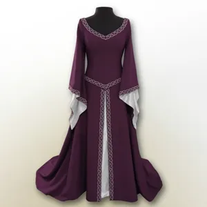 Detailed view of the medieval renaissance long sleeve embroidered slim women dress.