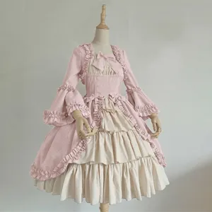 Medieval vintage gothic court dress, square neck, waist-cinching bow detailed ruffles.