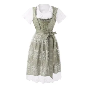 Traditional Oktoberfest dirndl dress, green printed bodice, white blouse and lace apron.