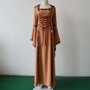 Medieval vintage hooded dress detail, lace-up square collar trumpet sleeve long dress.