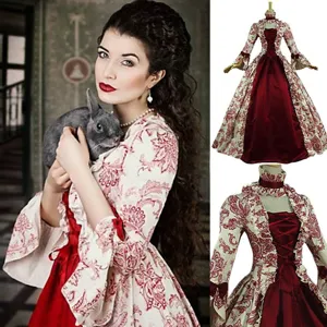 Women Vintage Palace Style Printed Dress Medieval Victoria High Waist Long Sleeve Bell Sleeve Spliced Flared Maxi Dress Banquet Evening Dress Gown