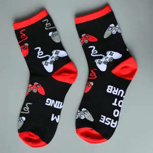 Comfortable black cotton mid-calf casual socks with fun gaming controller patterns and text.