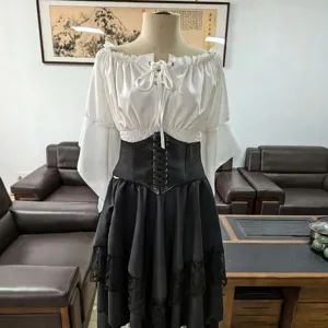 Renaissance vintage medieval gothic lace-up corset dress with irregular long skirt hem.