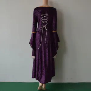 Medieval vintage purple velvet long dress back detail with lace-up and trumpet sleeves.