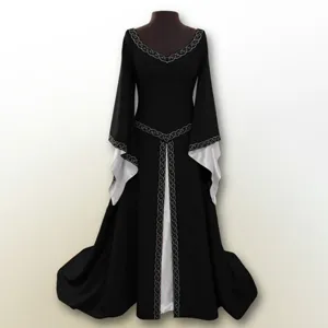 Detailed view of the medieval gothic long sleeve dress featuring intricate embroidery trim.