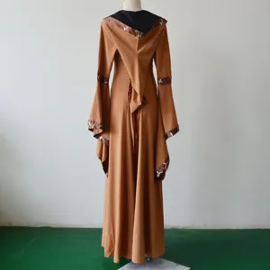 Medieval retro hooded long dress with bell sleeves and lace-up back design for women detail view.