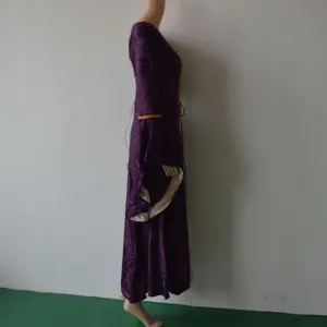 Medieval velvet trumpet sleeve long dress side view retro purple gown theatrical