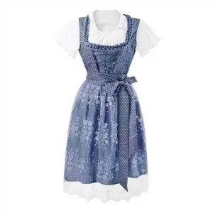 Traditional German Oktoberfest dirndl dress with blue patterned bodice and white blouse.