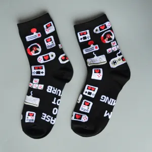 Black gaming pixel jacquard mid-calf cotton casual socks featuring fun video game quotes.