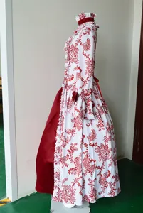 European vintage long sleeve floral court evening dress with trumpet sleeves and ruffled stand collar.