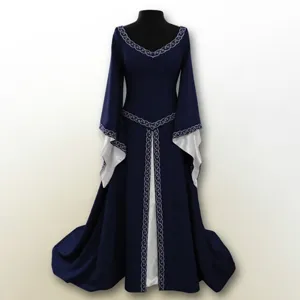 Medieval vintage long sleeve embroidered dress for women, elegant Renaissance costume style.