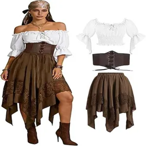 Renaissance pirate costume detail showing off-shoulder top, corset and asymmetrical lace skirt.