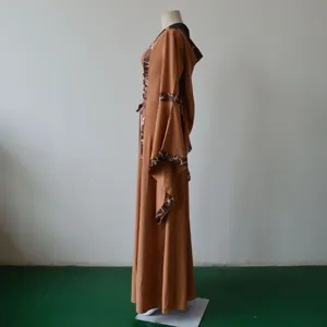 Medieval vintage hooded dress side detail showcase brown long trumpet sleeve lace up gown.