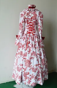 Detailed view of vintage court long-sleeve dress with red floral print and back lace-up design.