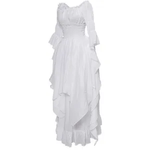 Detailed view of white vintage gothic long dress with lace ruffles and elegant flared sleeves.