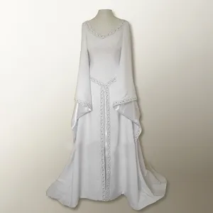 White medieval renaissance long sleeve dress with elegant embroidery details for party.