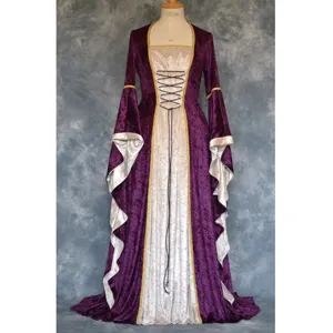 Medieval vintage velvet trumpet sleeve long dress, retro European court floor-length gown.