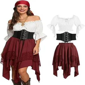 Detailed view of Renaissance medieval pirate costume with off-shoulder top, corset and skirt.
