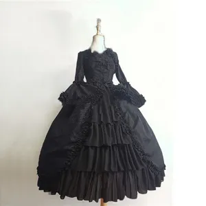 Medieval vintage gothic court dress, black long sleeve square neck ruffle lolita gown.