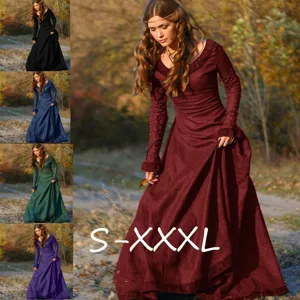 Robe Maxi Pullover Renaissance Vintage pour Femmes Couleur Unie Col Rond Manches Longues Patchwork Robe de Fête Médiévale Coupe Ajustée