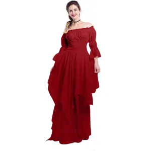 Vintage gothic off-shoulder long red dress, perfect for cosplay events and masquerade parties.