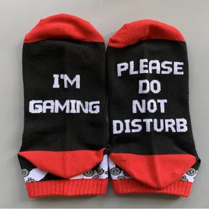 Black red cotton gaming socks with funny text bottom casual unisex comfortable footwear.