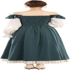 Medieval Renaissance dress for women, long sleeve retro fairy dress in dark green and white.