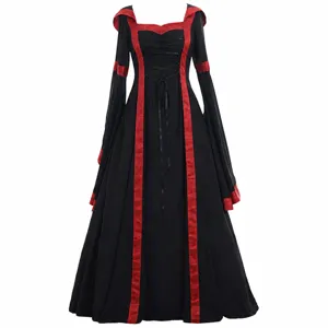 Medieval gothic vintage hooded long dress with square neck and lace up flare sleeves black
