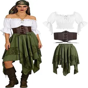 Renaissance medieval pirate costume set featuring off-shoulder top, corset and lace skirt.