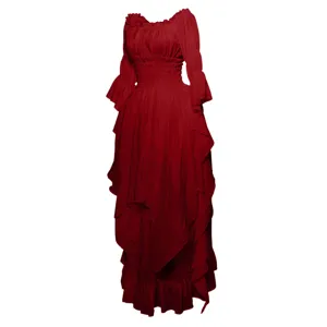 Gothic vintage red long sleeve dress for cosplay, renaissance medieval costume gown.