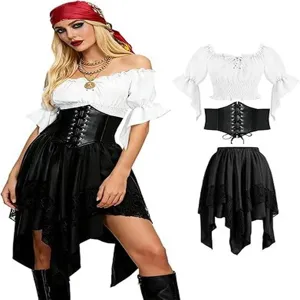 Renaissance pirate costume detail showing off-shoulder top, black corset and skirt.