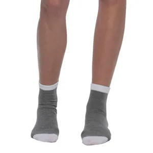 Detail view of grey crew socks featuring white cuffs and toes for wedding party events.