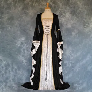 Medieval Renaissance velvet gothic dress with trumpet sleeves and floor length gown for women.
