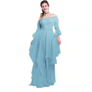 Retro off-shoulder gothic long dress with bell sleeves and layered skirt for women.