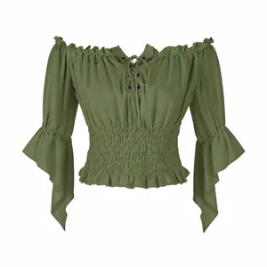 Blouse en Polyester Col Bateau Vintage Français Top Manche Évasée pour Femme Sexy Hot Girl Lacet Froncé Patchwork Géométrique Blouse Pullover Coupe Ajustée Chemise