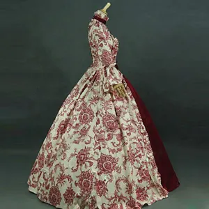 Vintage Victorian court long sleeve evening dress with red floral print and trumpet sleeves