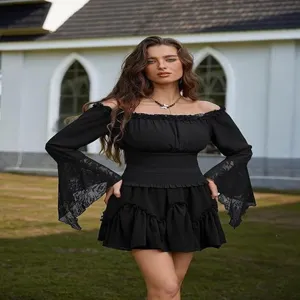 Femme mode dentelle épaules dénudées manches longues chemisier noir printemps élégant haut à volants