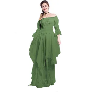 Detail view of the green medieval renaissance gothic cosplay ball gown with trumpet sleeves.